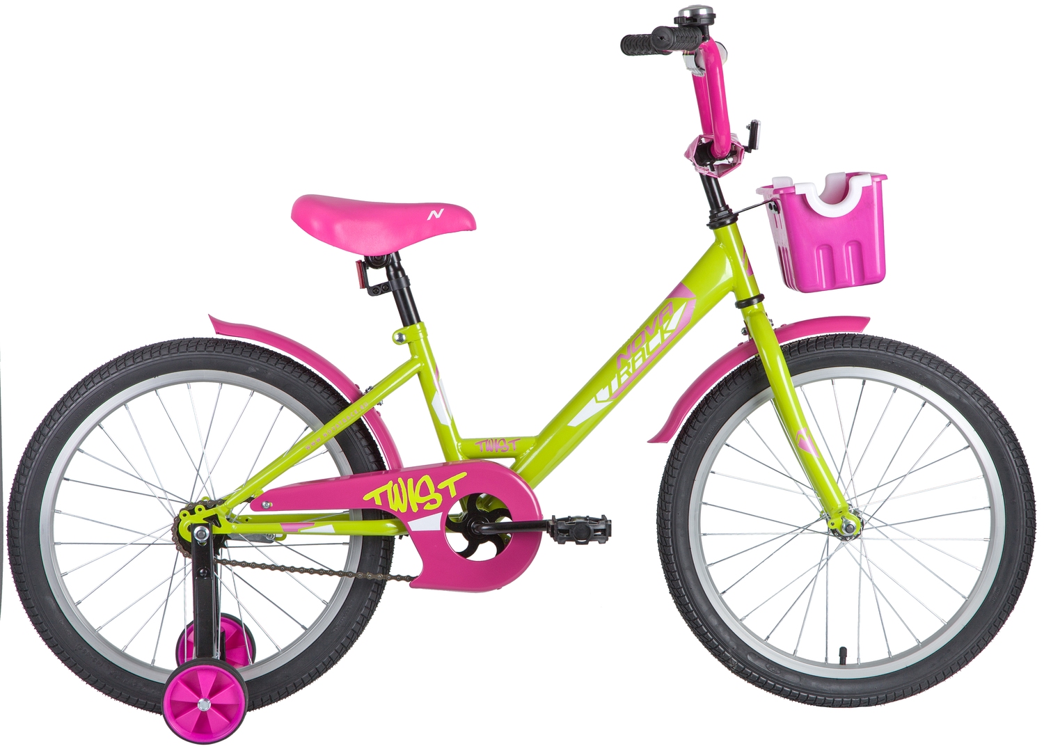 Велосипед NOVATRACK 20" TWIST зелёный, тормоз нож,крылья корот ,корзина защита А-тип 